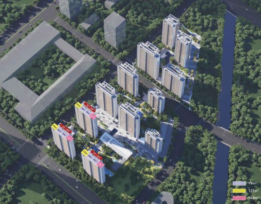 仁恒·云谷世纪项目鸟瞰效果图，标注 99/125/143㎡ 户型分布
